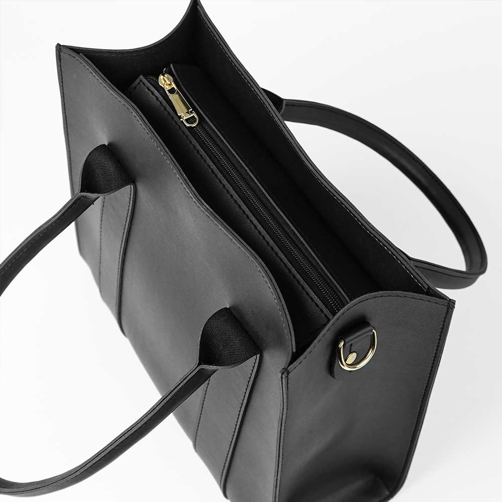 Frosty Black Faux Leather Handbag with Adjustable Strap