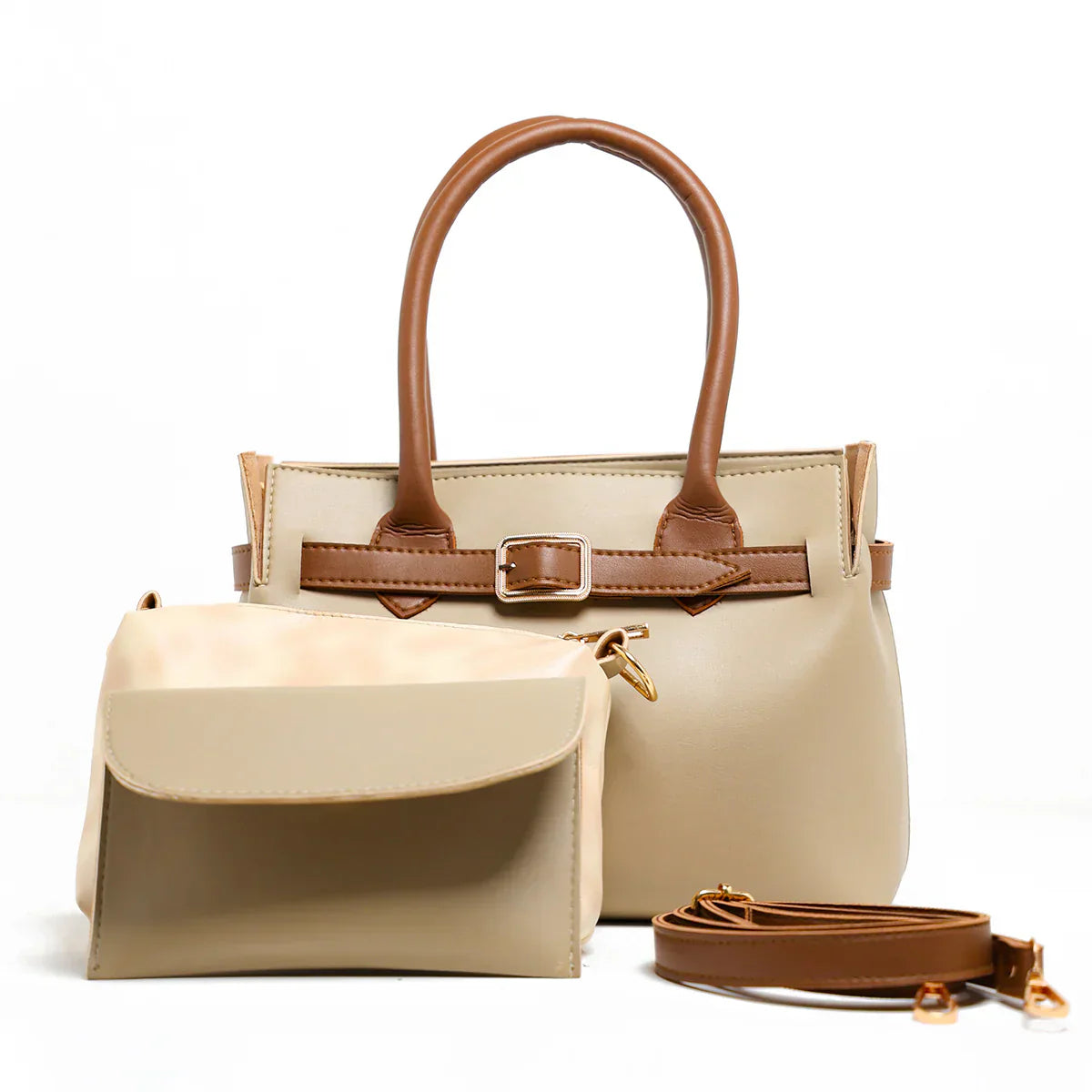 Sandy Beige Faux Leather Handbag Set – 3 Pieces with Adjustable Strap