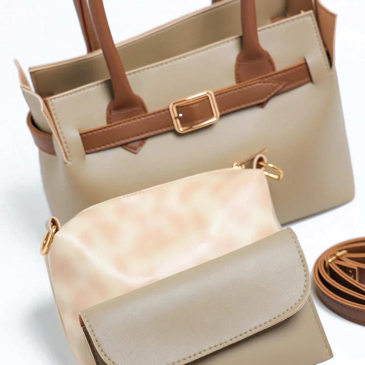Sandy Beige Faux Leather Handbag Set – 3 Pieces with Adjustable Strap