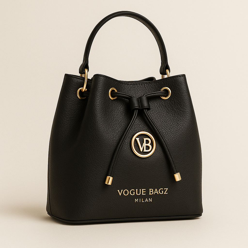 Black handbag with gold accents and 'Vogue Bagz Milan' branding on a beige background