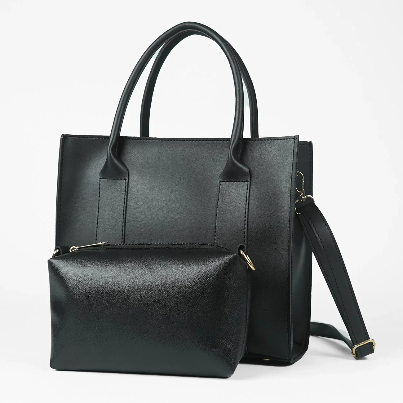 Frosty Black Faux Leather Handbag with Adjustable Strap