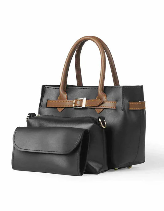 Sandy Black Faux Leather Handbag Set – 3 Pieces with Adjustable Strap
