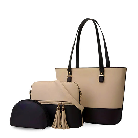 Crescent Beige/Black 3-Piece Faux Leather Bag Set – Handbag