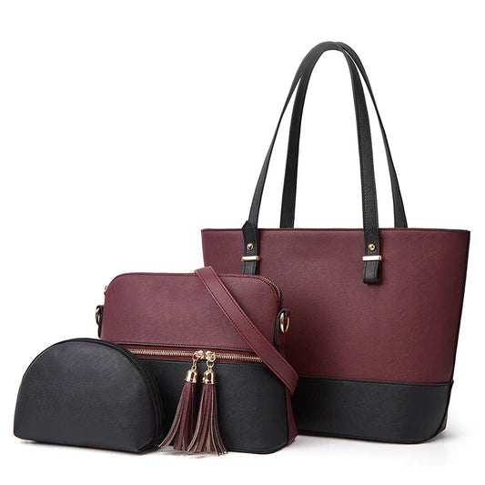 Crescent Maroon/Black 3-Piece Faux Leather Bag Set – Handbag