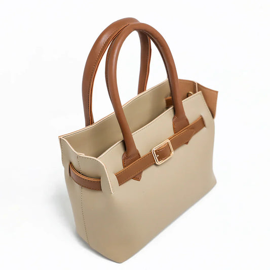 Sandy Beige Faux Leather Handbag Set – 3 Pieces with Adjustable Strap
