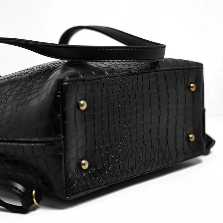 Croc Criss Black Faux Leather Tote Bag