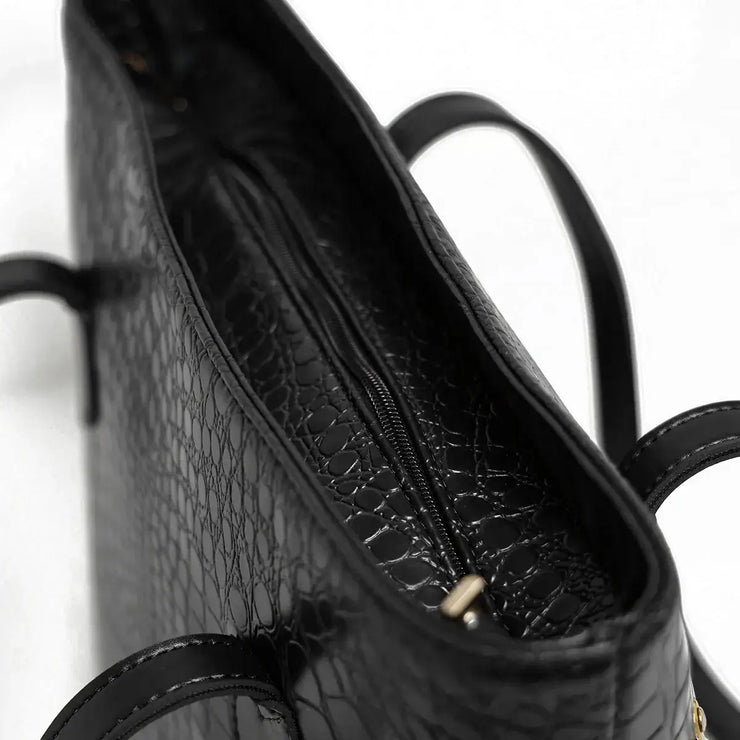 Croc Criss Black Faux Leather Tote Bag