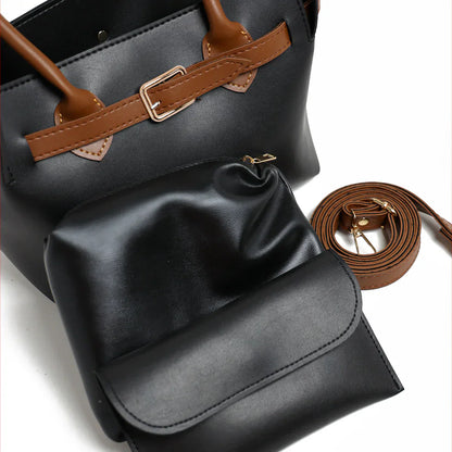 Sandy Black Faux Leather Handbag Set – 3 Pieces with Adjustable Strap