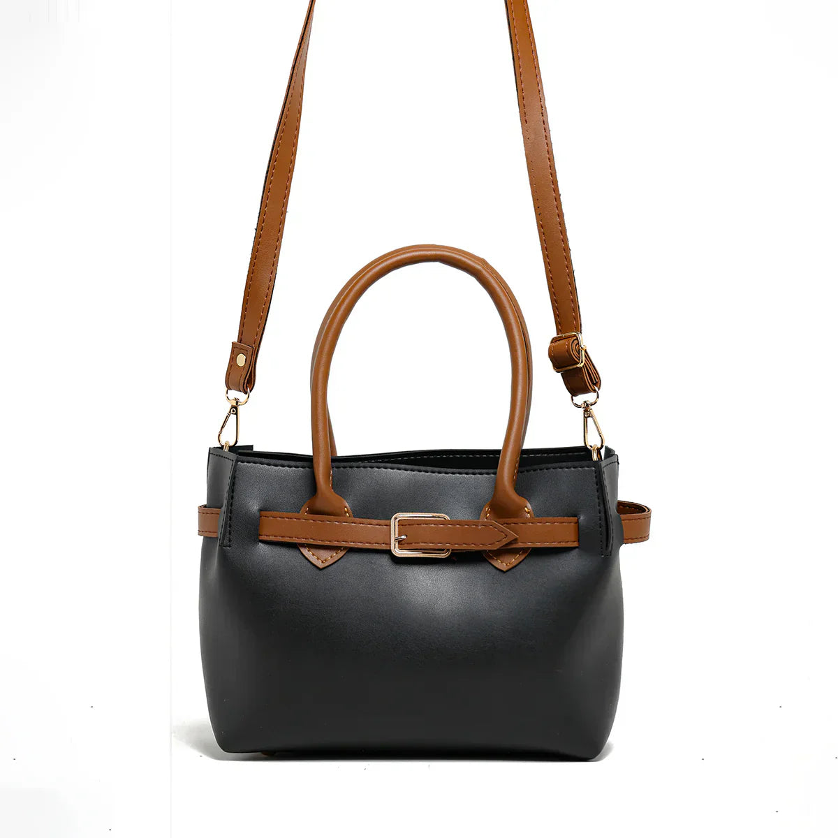 Sandy Black Faux Leather Handbag Set – 3 Pieces with Adjustable Strap