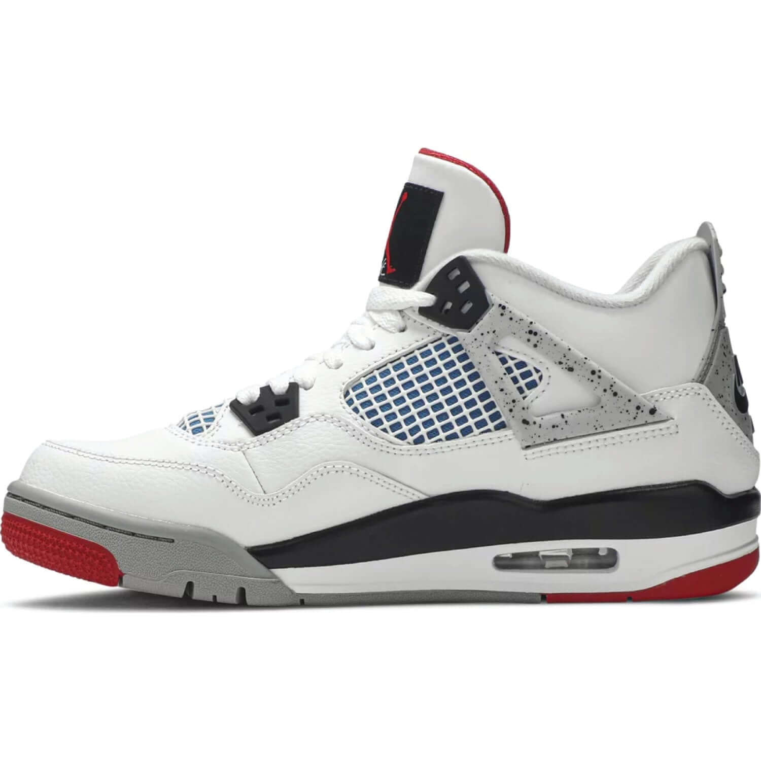 White sneaker with red and black accents on a white background