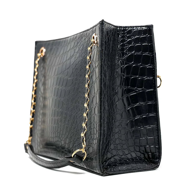 Croc Black Faux Leather Tote Bag