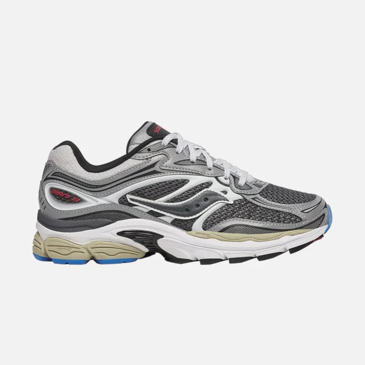 Gray running shoe with white sole on a light gray background