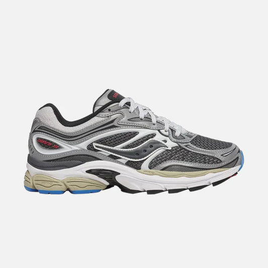 Gray running shoe with white sole on a light gray background