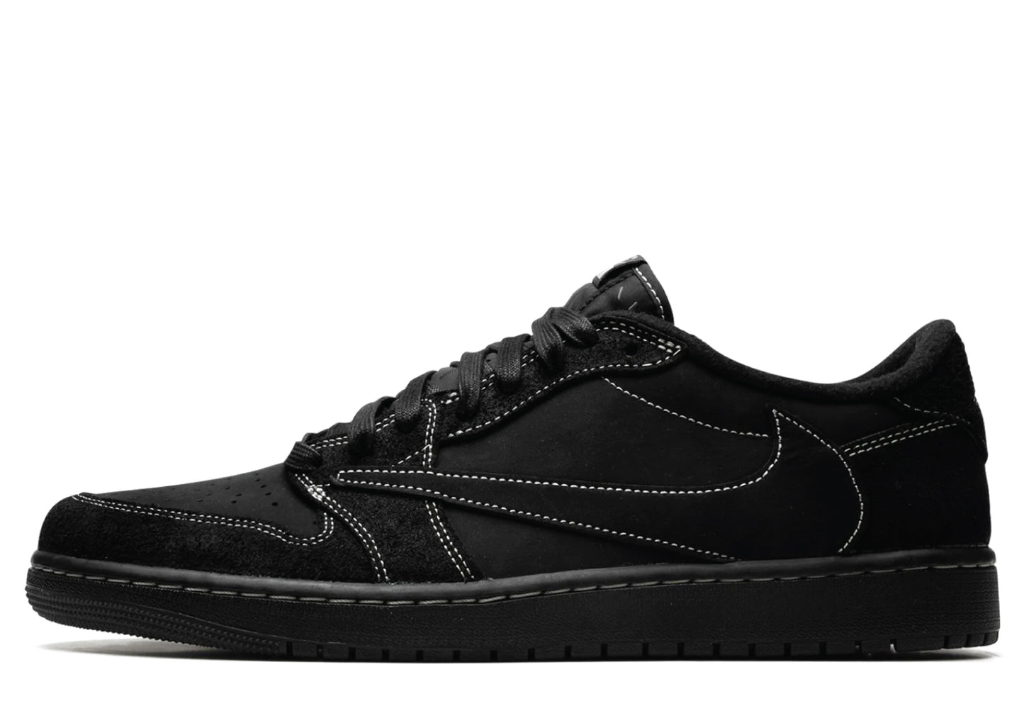 Black sneaker with white swoosh logo on a white background