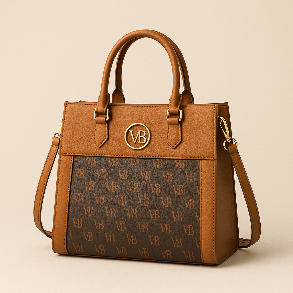 Brown handbag with a patterned design and gold accents on a beige background